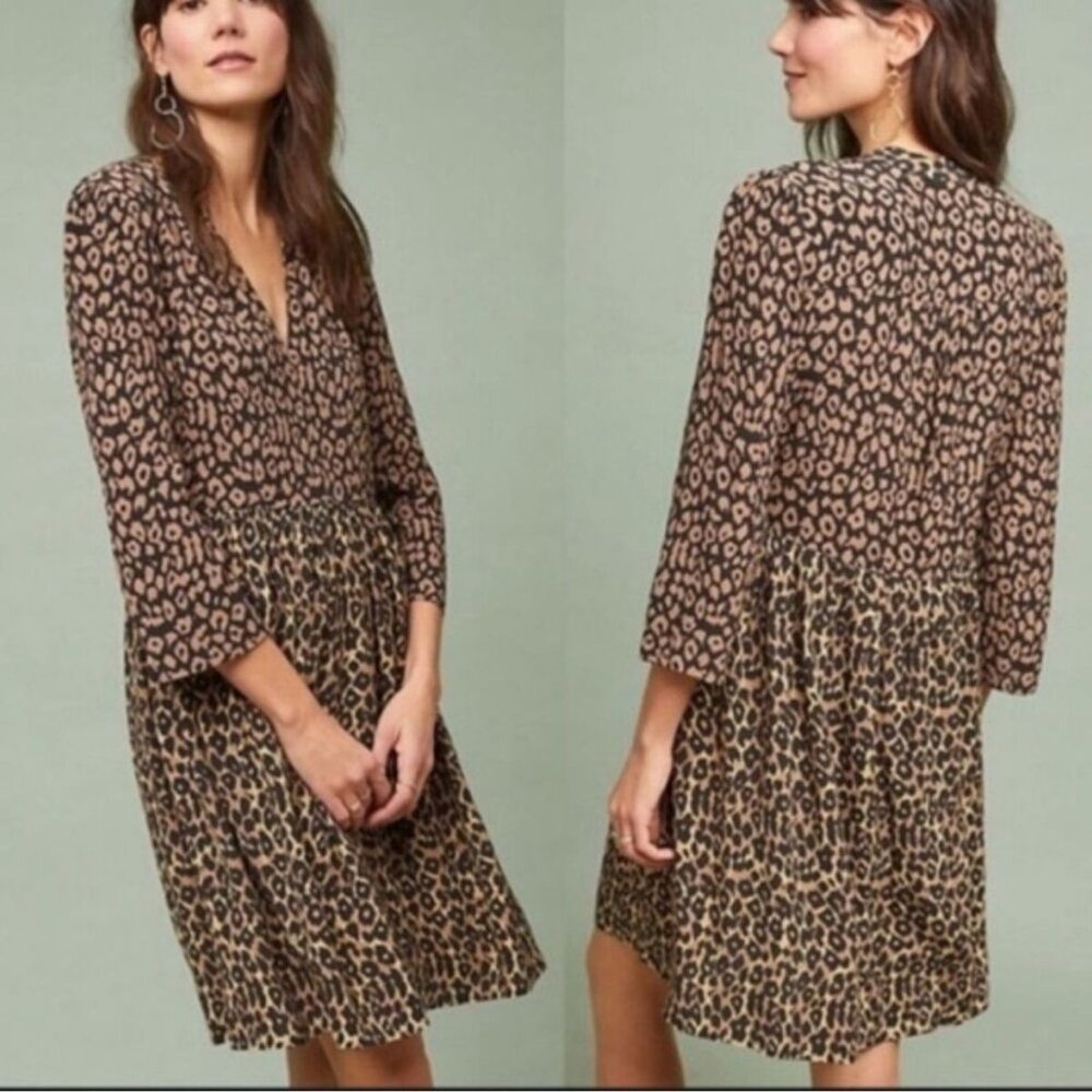 Maeve Juno Dress Womens‎ S Brown Trendy Career Office Wear Animal Print Classic